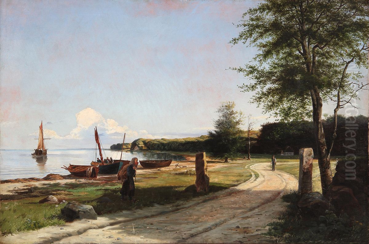 Kystparti fra Nordsjaelland med fiskere pa stranden. Oil Painting by Anders Andersen-Lundby