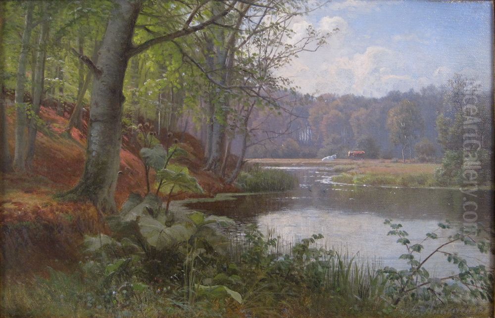 Landskab med bogeskov, alob og koer. Oil Painting by Anders Andersen-Lundby
