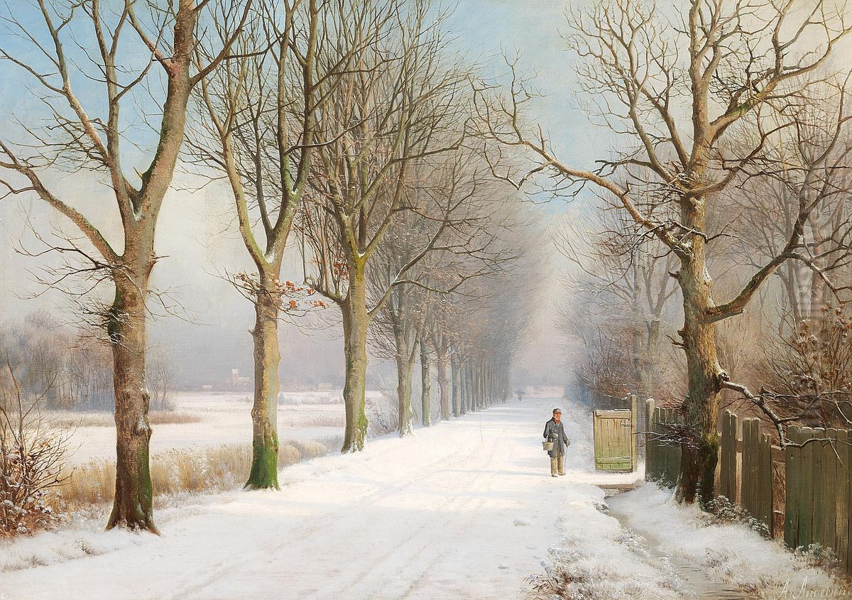A man on a snow covered avenue. Oil Painting by Anders Andersen-Lundby