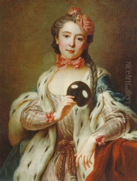 Portrait of a Lady (Madame Favart) in a pink and white striped dress Oil Painting by Jean-Baptiste van Loo