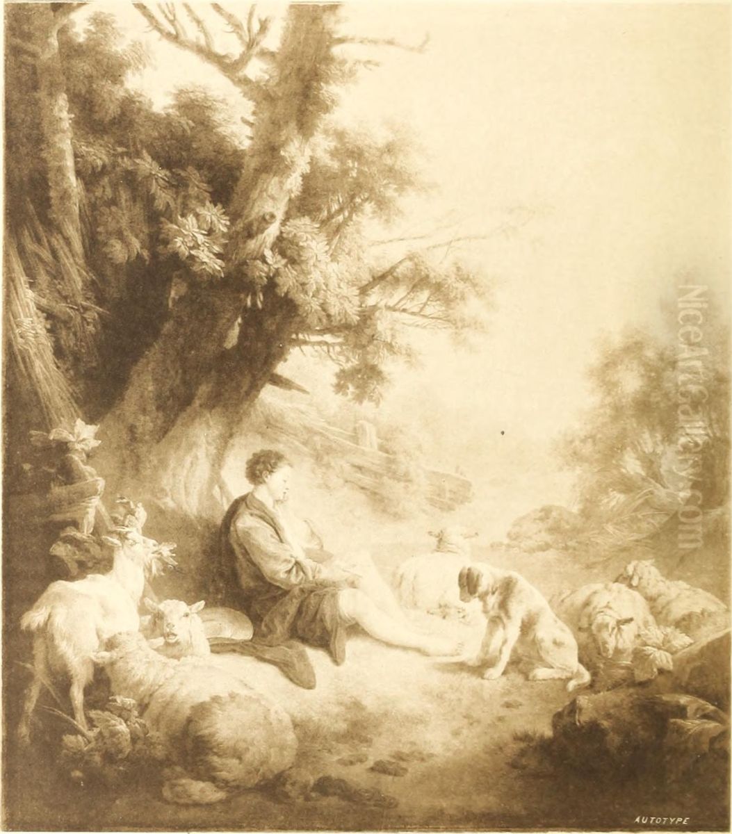 Pastoral scene with a shepherd Oil Painting by Jean-Baptiste Huet
