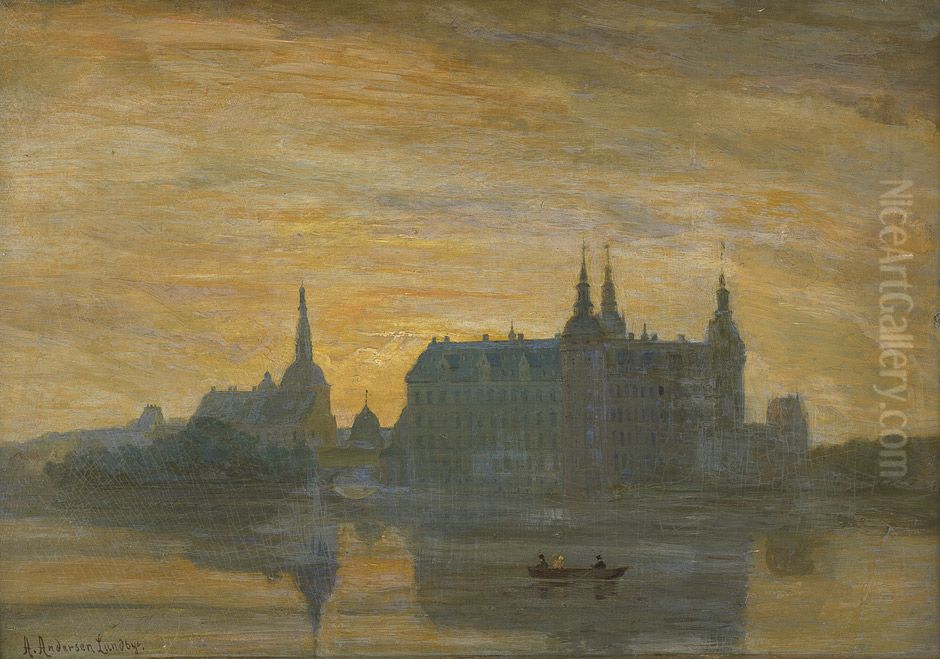 Frederiksborg Castle as evening falls. Oil Painting by Anders Andersen-Lundby