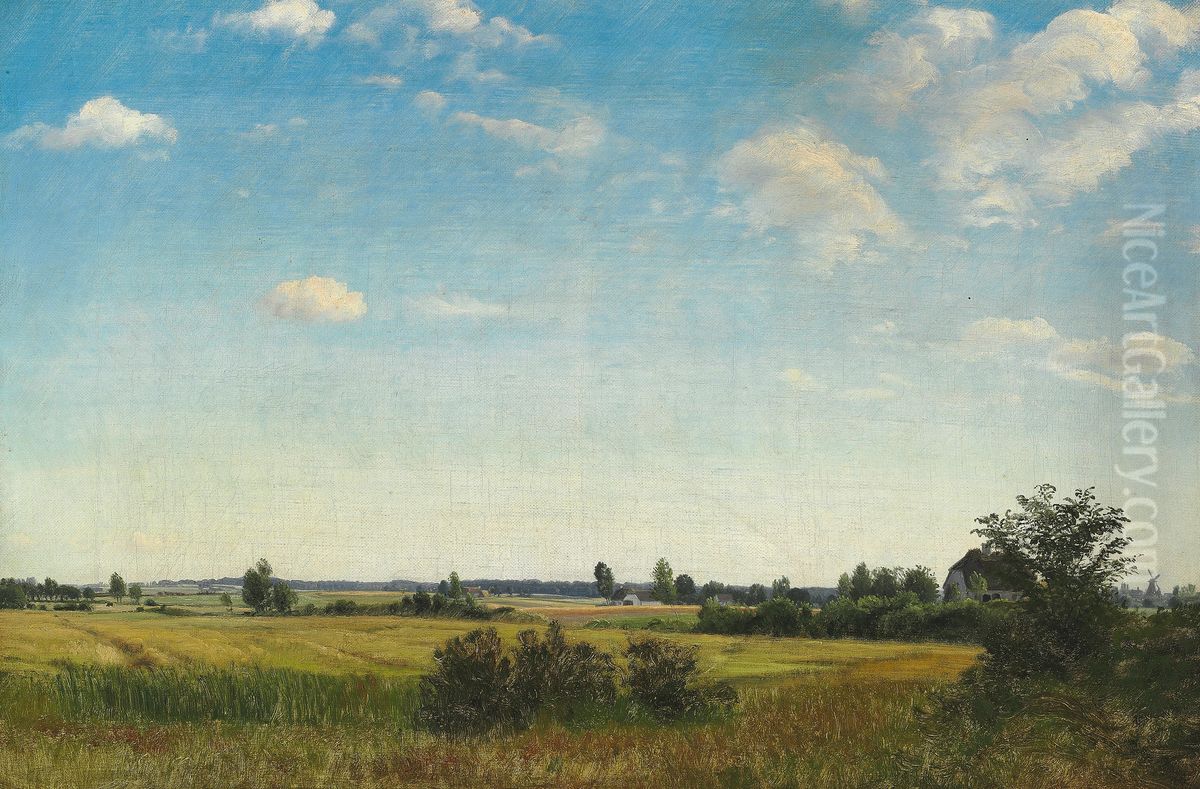 Landscape with a clear sky and a view over a flat countryside, Sjaelland Oil Painting by P. C. Skovgaard