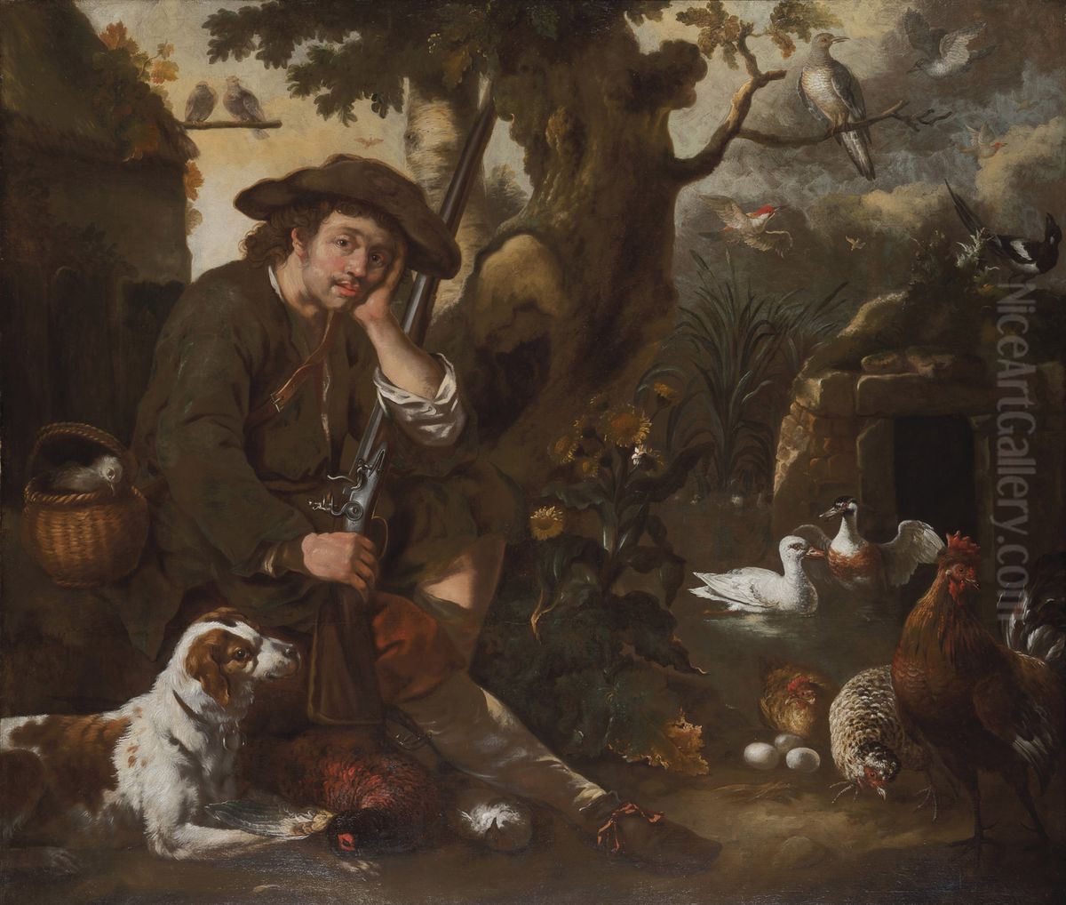 Hunter sitting by a tree, with a dog and birds Oil Painting by Bernhard Keil, Monsu Bernardo