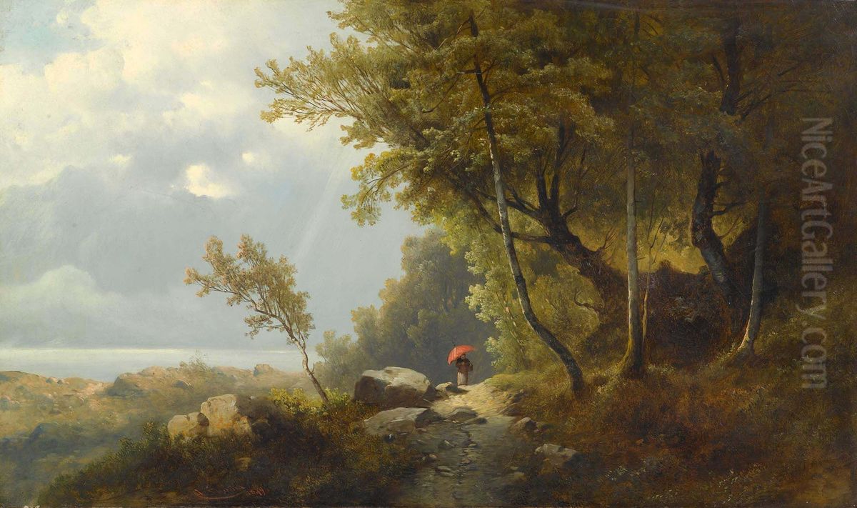 A wooded landscape with woman walker Oil Painting by Josef Thoma