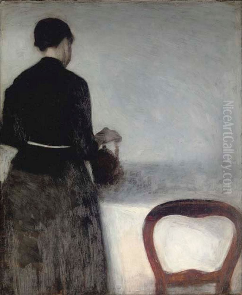 Young Girl Pouring Tea - the Artist's Sister. Oil Painting by Vilhelm Hammershoi