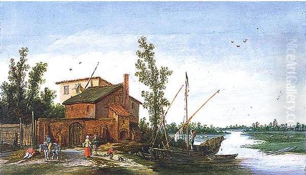 A Boat Moored before a Walled Farm Oil Painting by Esaias Van De Velde