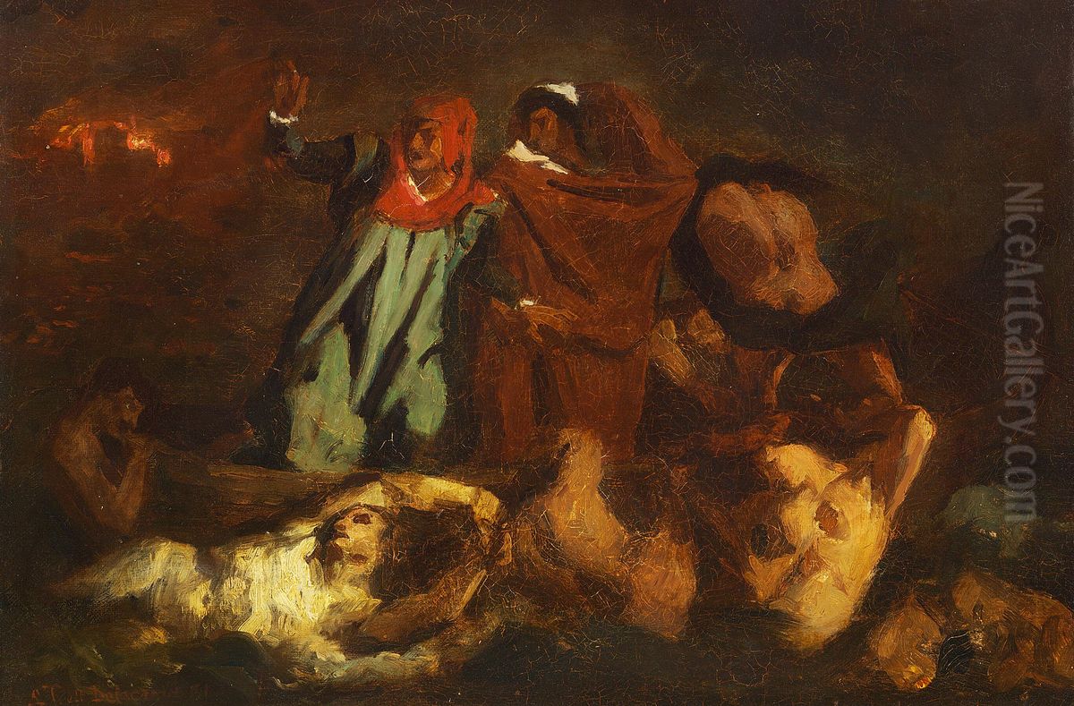 Kopi efter Delacroix, Dante og Virgil i helvede. Skitse. Oil Painting by Laurits Tuxen