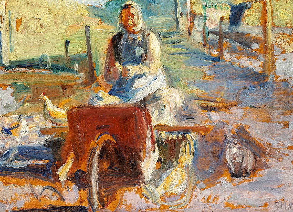 A woman of Skagen with cat and hens. Oil Painting by Michael Peter Ancher