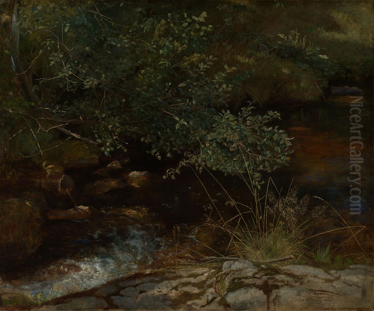 Stream bank with bushes and grass Oil Painting by Hans Thoma