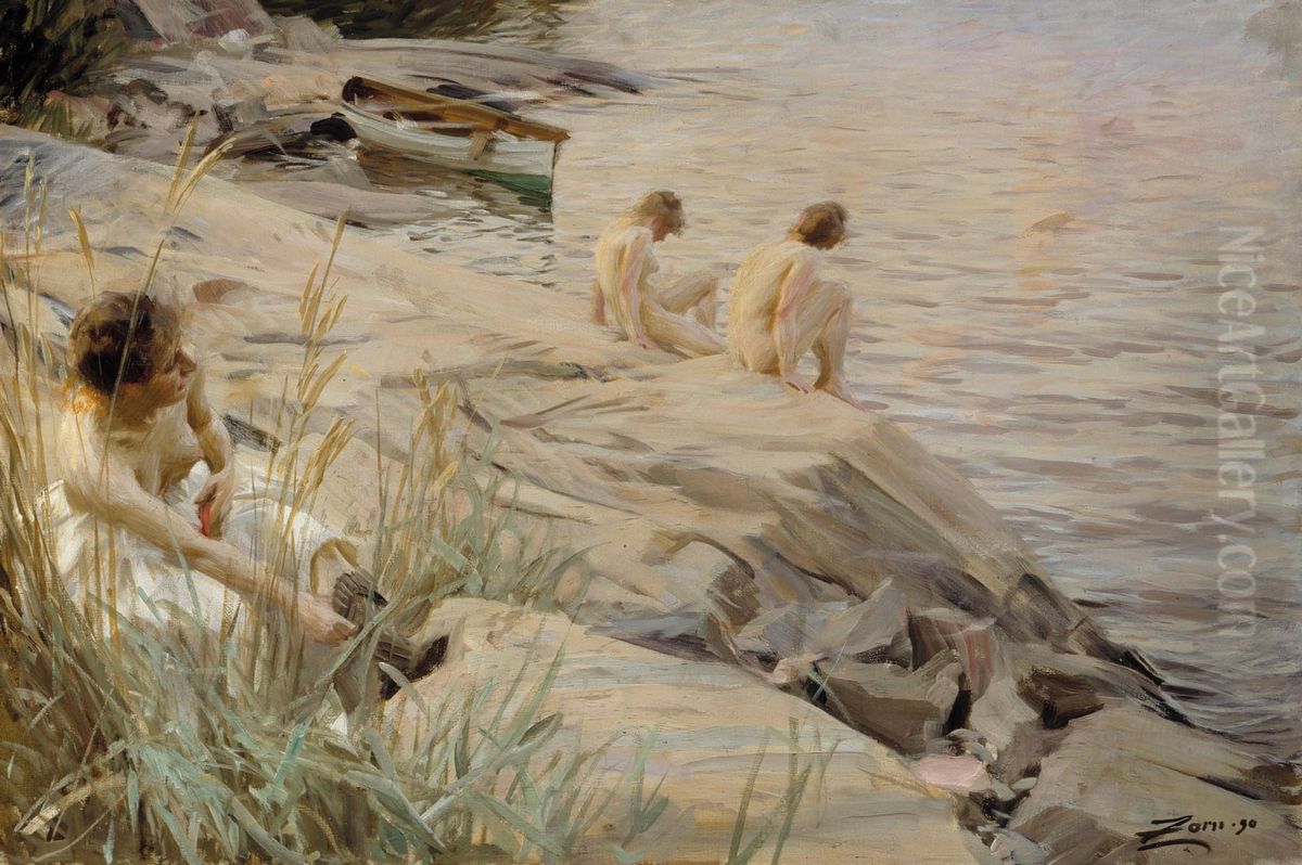 Girls Bathing in the Open Air (Out of Doors) ; Bathing Girls, Outside ; Outdoors Oil Painting by Anders Zorn