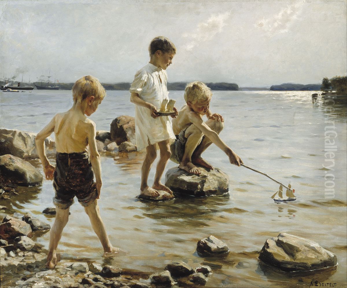 Boys Playing on the Shore / Children Playing on the Shore Oil Painting by Albert Edelfelt