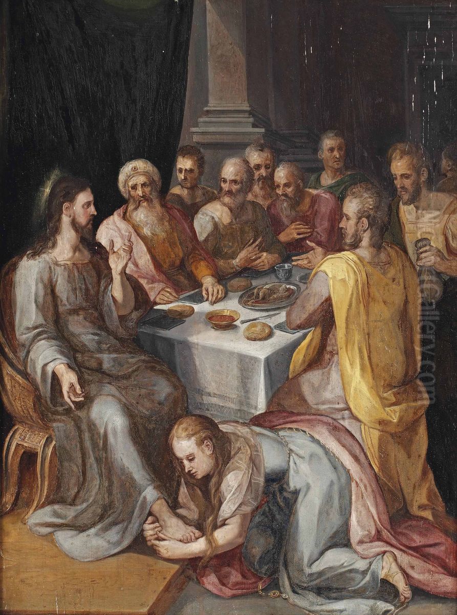 Mary Magdalen washing Christ's feet in the house of Simon the Pharisee Oil Painting by Chrispijn van den Broeck
