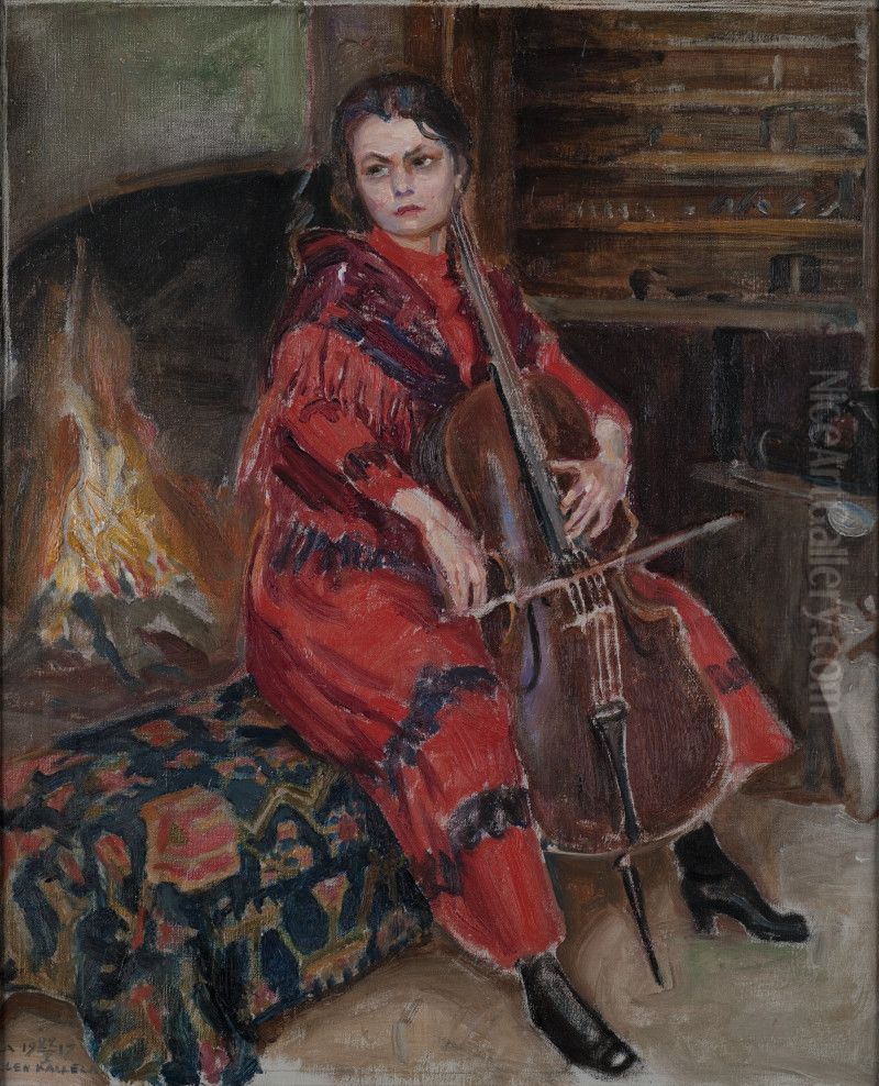Kirsti Playing the Cello Oil Painting by Akseli Valdemar Gallen-Kallela