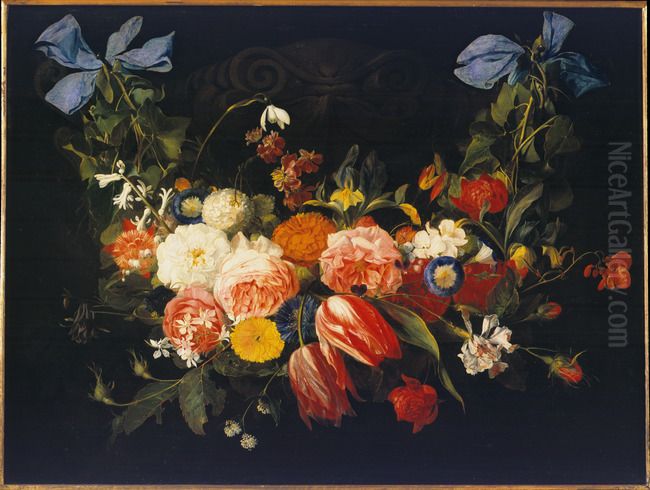 Festoon of flowers on blue ribbons Oil Painting by Jan Davidsz. De Heem