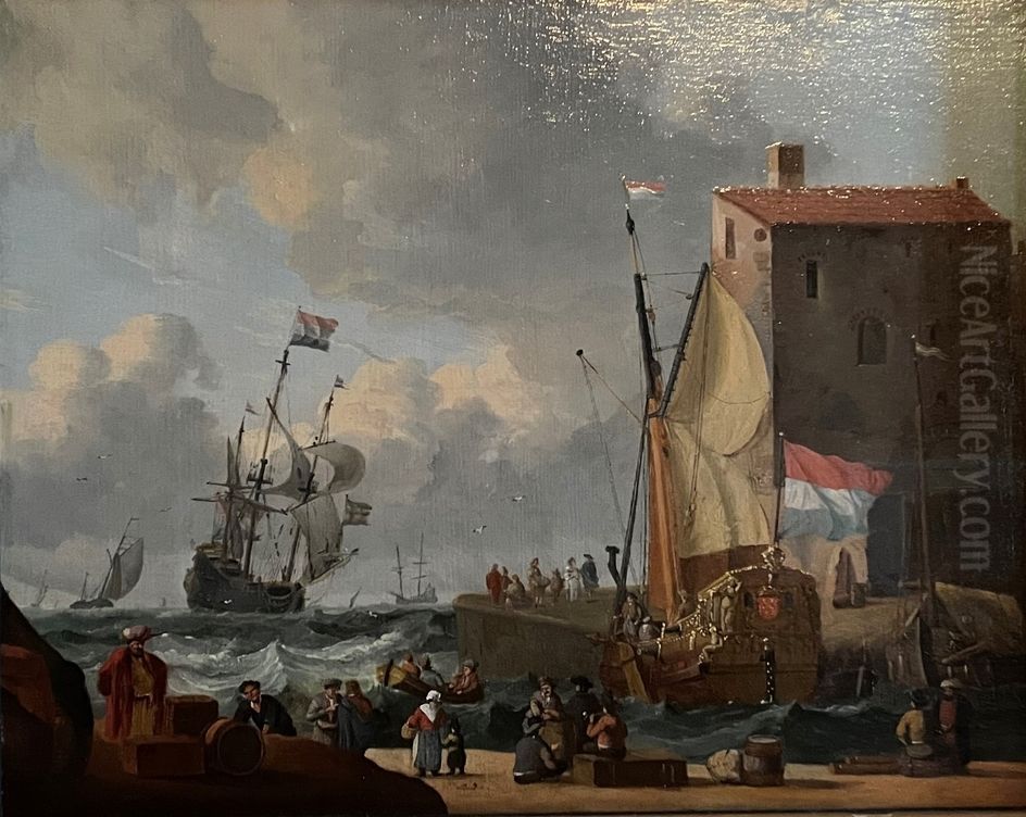 Figures on the Quay of a Port with Shipping Beyond Oil Painting by unknown