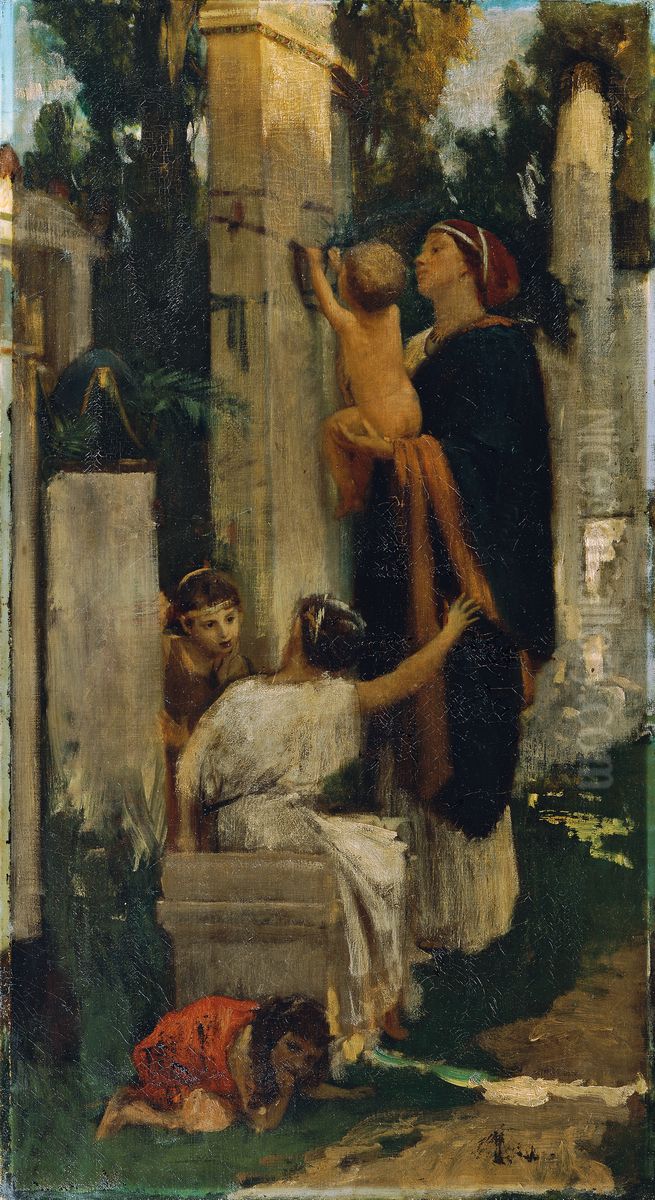 Ancient cemetery scene (woman with children decorating a grave) Oil Painting by Adolf Hiremy-Hirschl