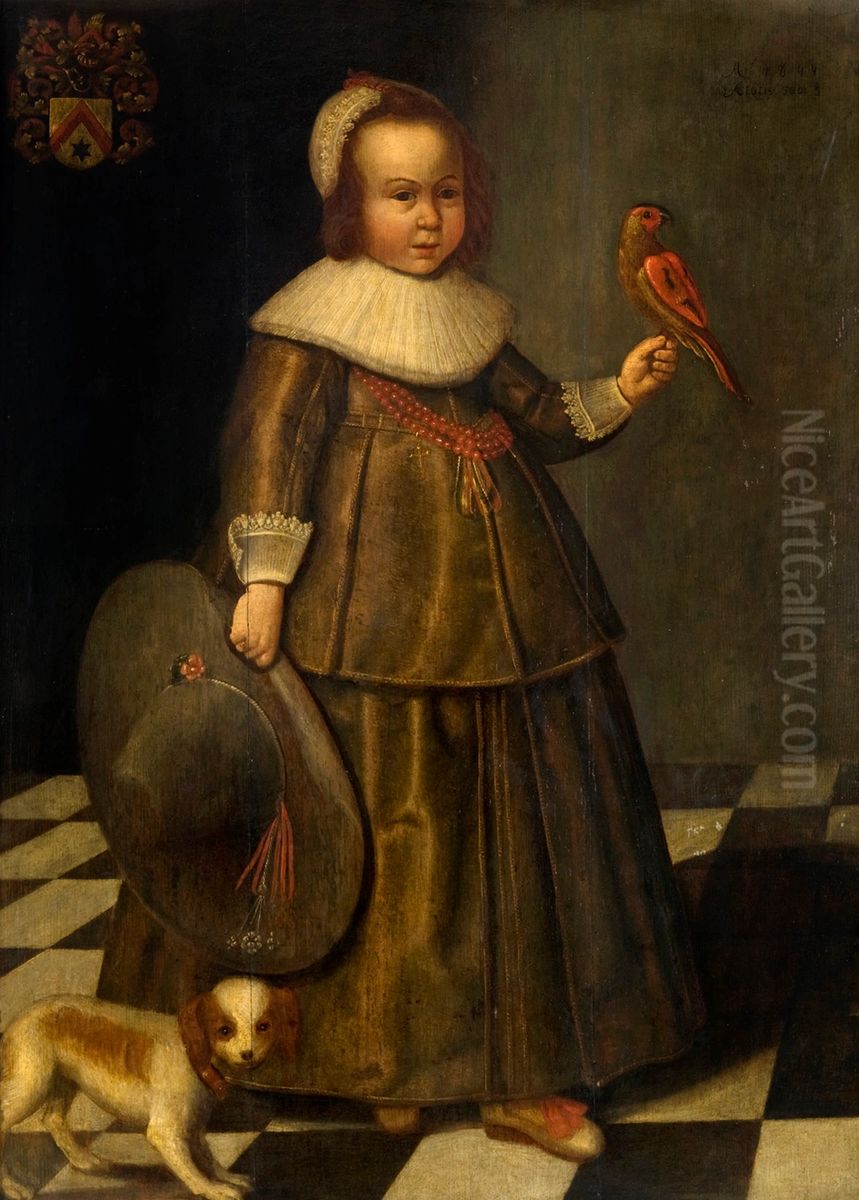 Portrait of a Boy, Aged Three, with a Large Hat and a Parrot Oil Painting by unknown