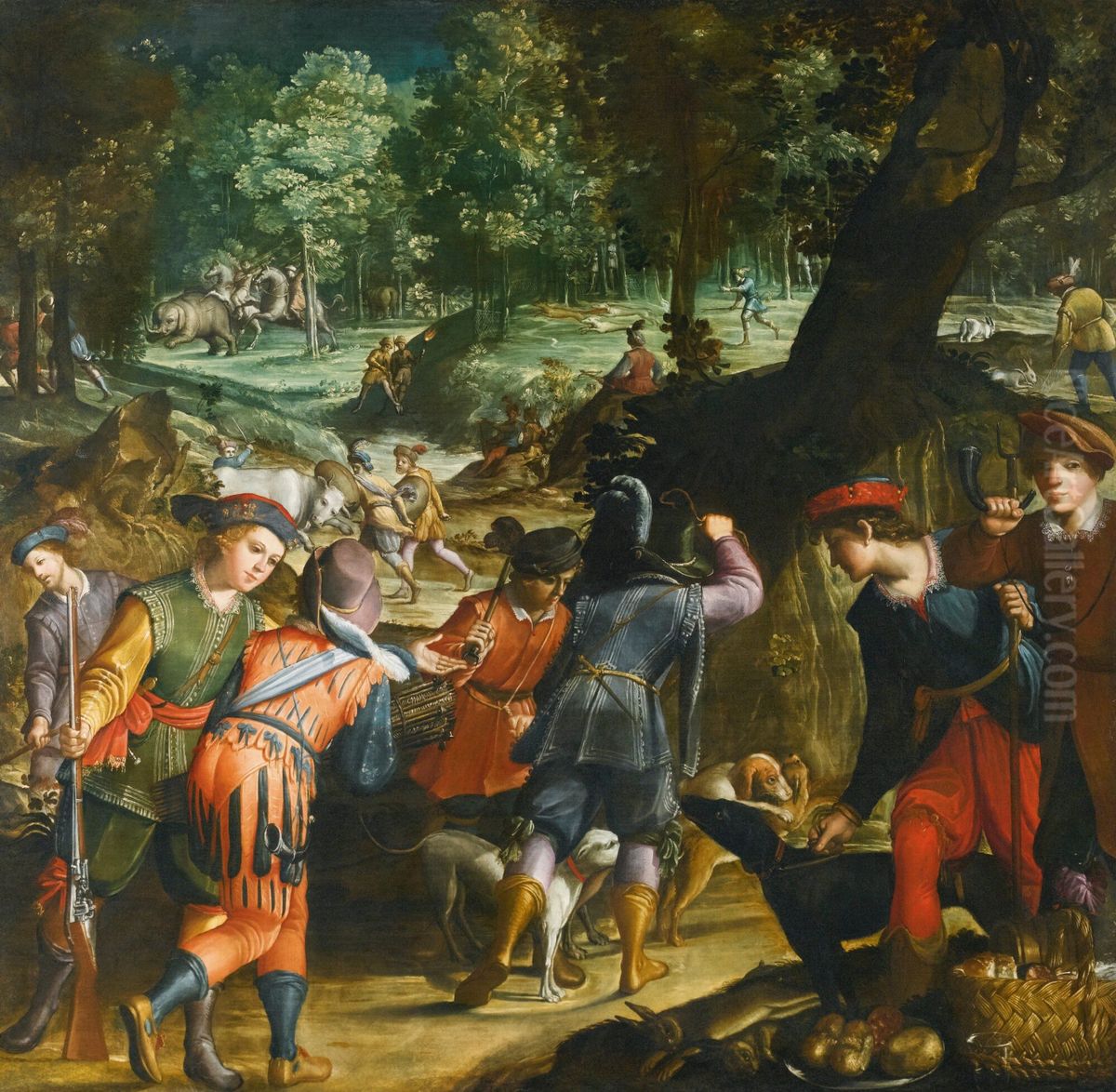 Extensive landscape with an elephant hunt Oil Painting by Stradanus