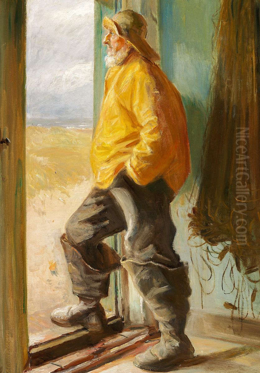 En Skagensfisker i olietoj i en dorabning spejder ud over havet. Oil Painting by Michael Peter Ancher