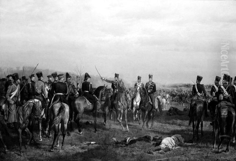 Szene aus dem polnischen Aufstand in Galizien 1846. Vereinigung russischer und osterreichischer Truppen bei Krakau. Oil Painting by Siegmund L'Allemand