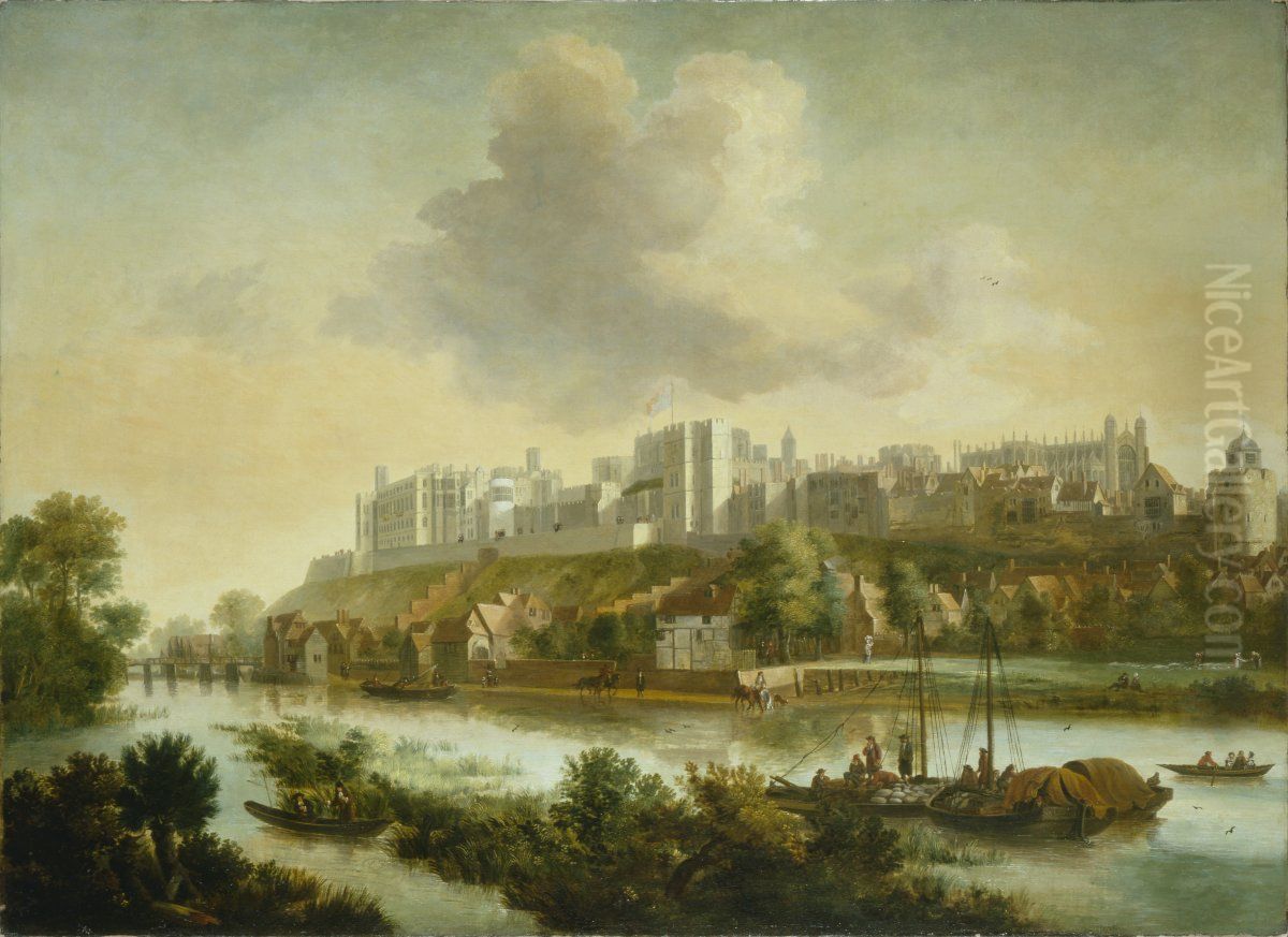 View of Windsor Castle with Sailing Barges Oil Painting by Jacob Knijff