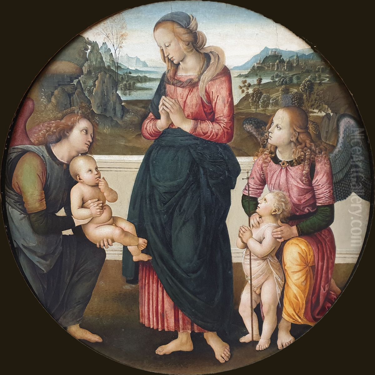 Madonna and Child with St. John the Baptist and two angels Oil Painting by Pietro Vannucci Perugino