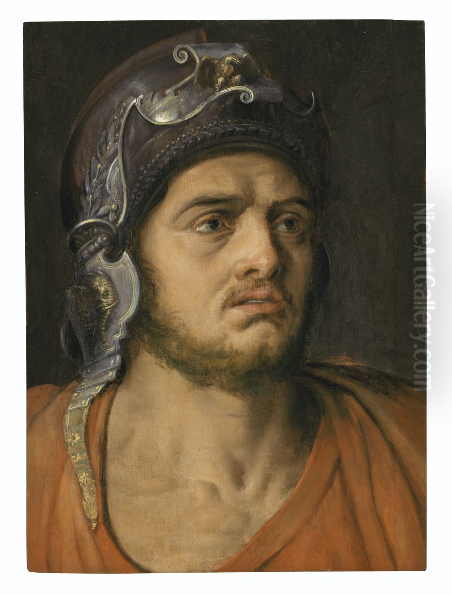 Head of a man in a helmet (Mars) Oil Painting by Frans Floris I