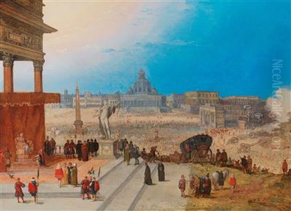 An extensive landscape with Saint Peter's Basilica in Rome and a historical scene in the foreground Oil Painting by Hendrick van Cleve III