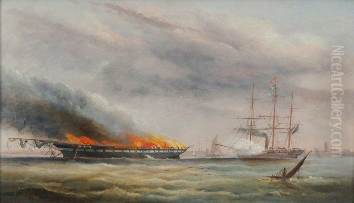 The Frigate HMS 'Falcon' Attempting to Sink by Shelling the Burning Hulk of the Troop Transport, 'Eastern Monarch' Oil Painting by Arthur Wellington Fowles