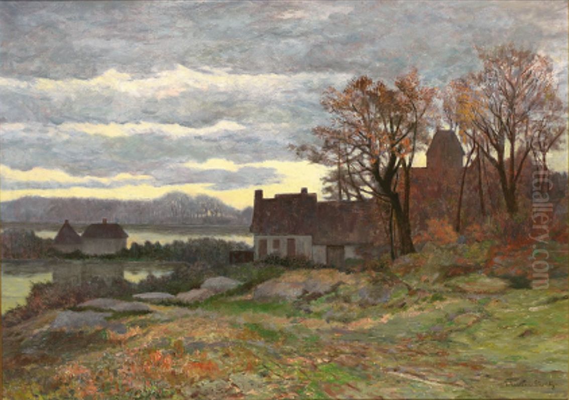 Huse ved en so, aftenstemning. Oil Painting by Anders Andersen-Lundby