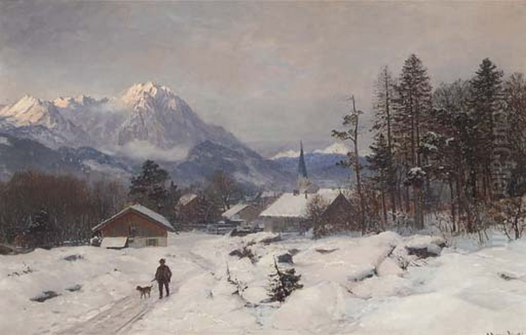 Jaeger ved bjerglandsby. Oil Painting by Anders Andersen-Lundby