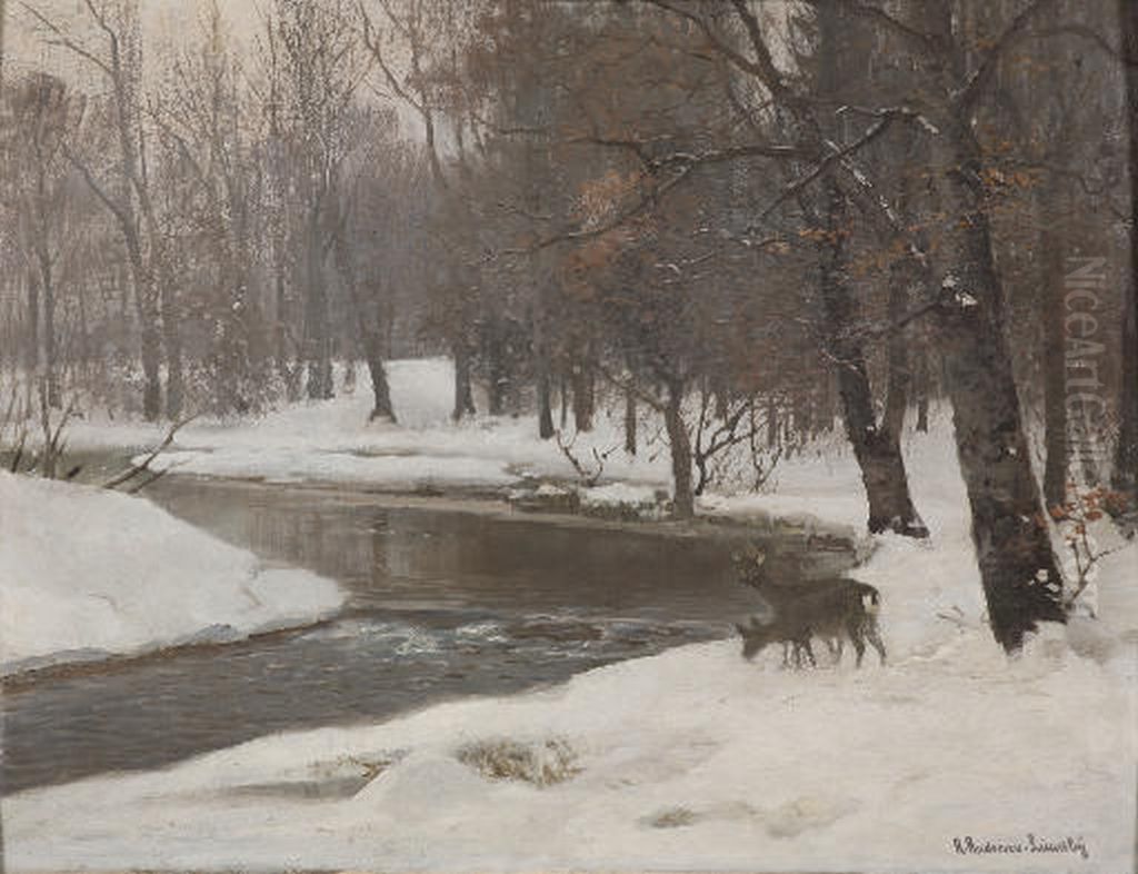 Deer by a stream in winter . Oil Painting by Anders Andersen-Lundby