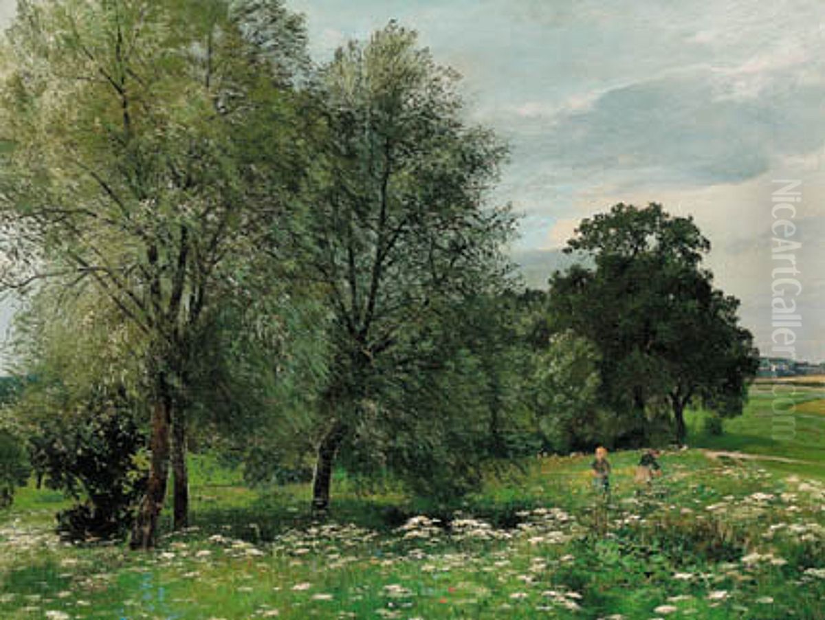 A meadow in Summer with children picking flowers. Oil Painting by Anders Andersen-Lundby
