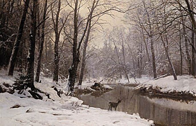 A winter landscape from southern Germany with deer at a stream in the forest. Oil Painting by Anders Andersen-Lundby