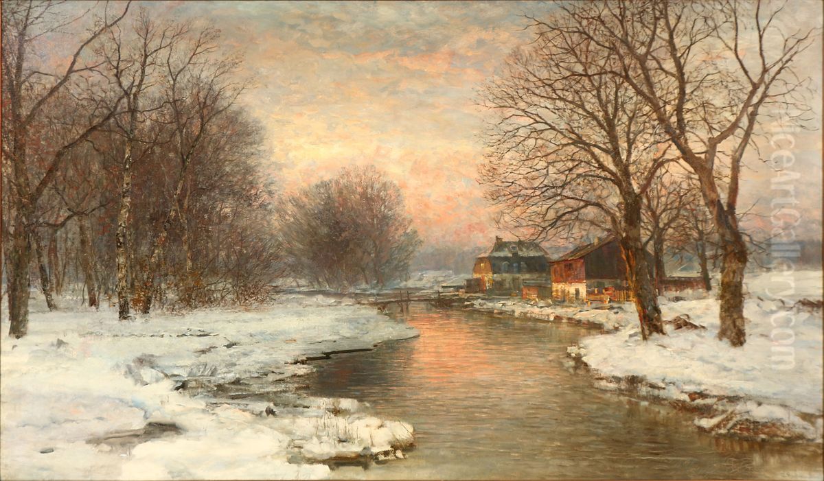 A winter evening near Munich. Oil Painting by Anders Andersen-Lundby