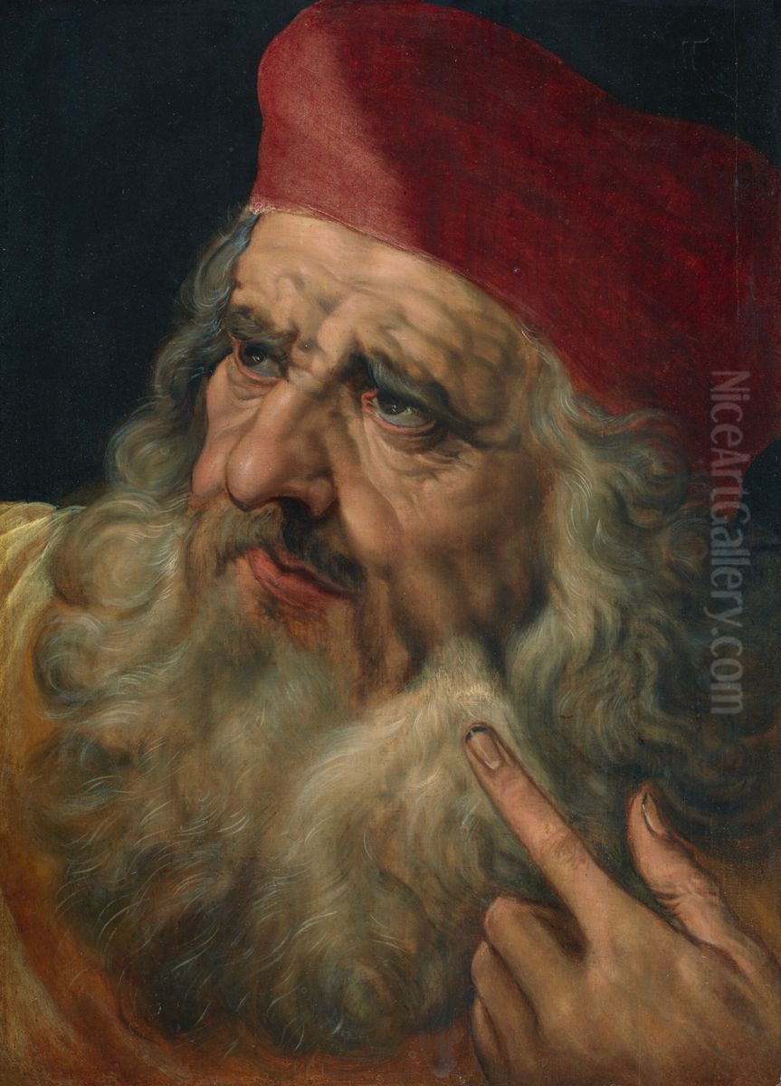 Head of a bearded man in a red hat Oil Painting by Frans Floris I