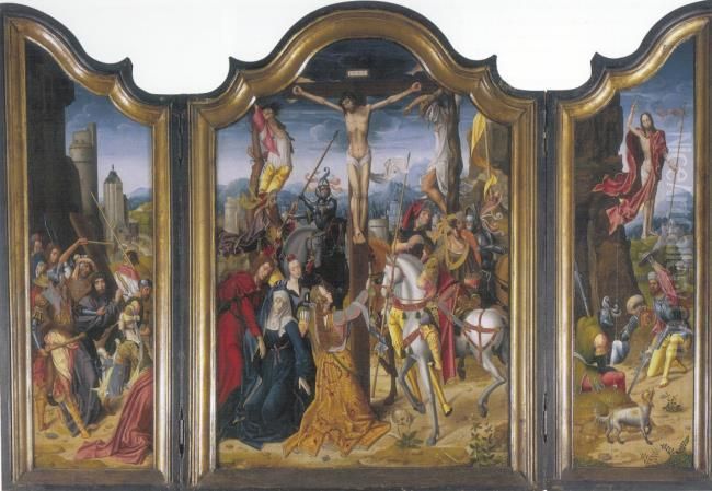 Tryptich of crucifixion with scenes of the carrying of the cross and the resurrection Oil Painting by Adriaen Van Overbeke