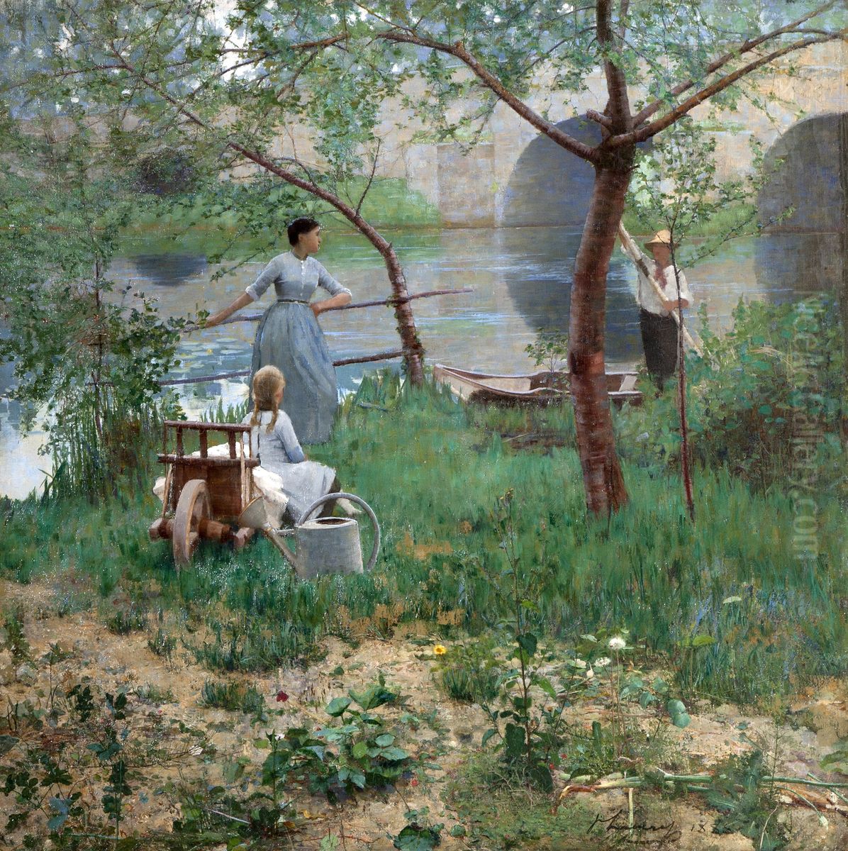 Under the Cherry Tree (previously known as 'On the Loing, an Afternoon Chat') Oil Painting by John Lavery