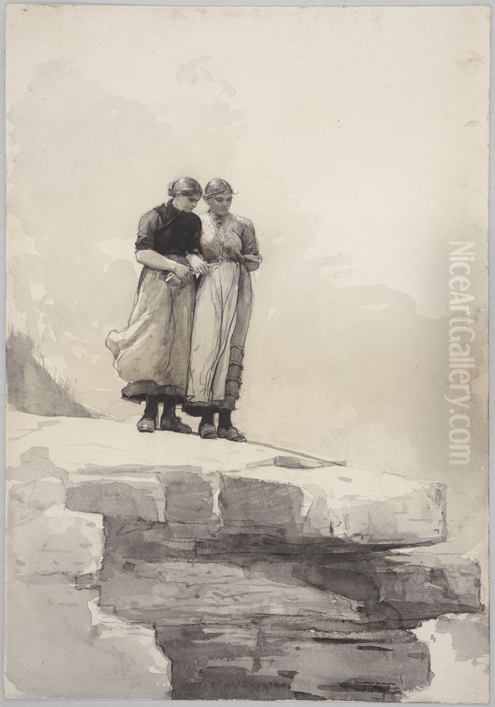 Two Girls on a Cliff Oil Painting by Winslow Homer