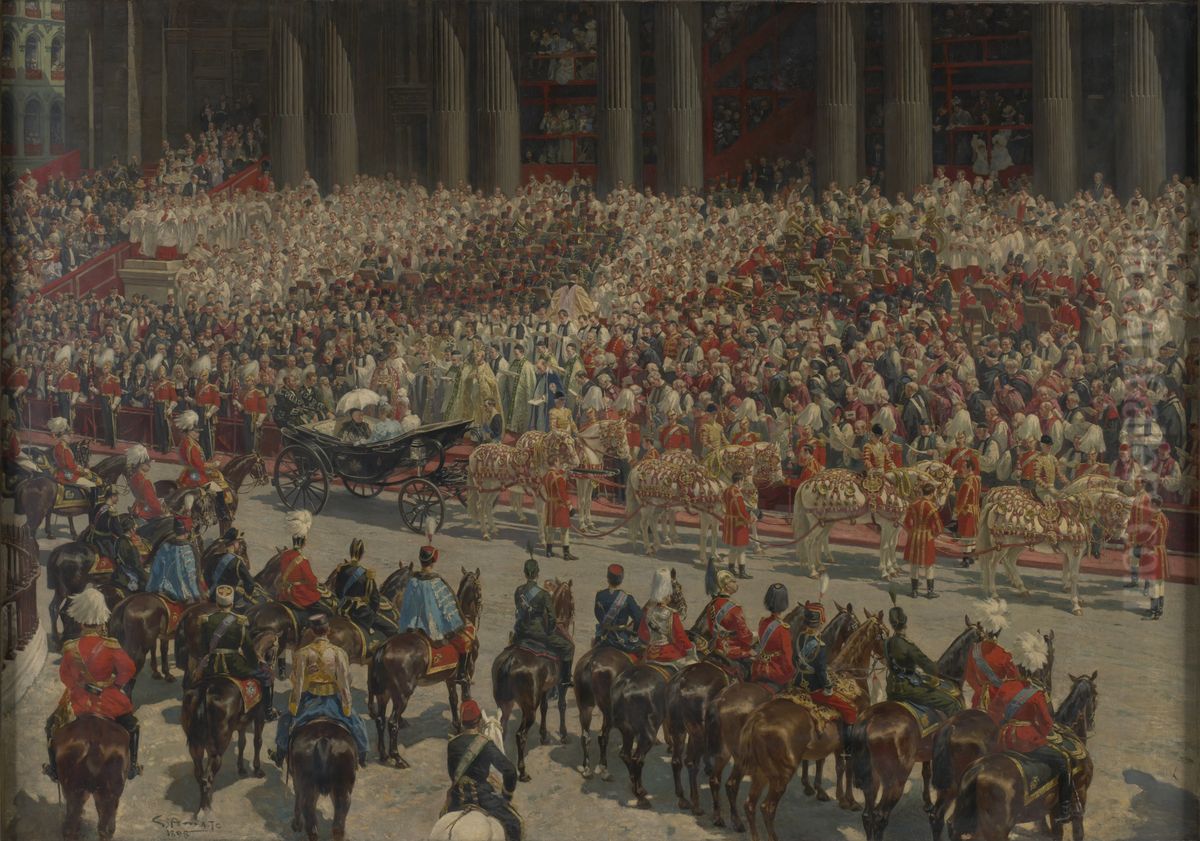 Queen Victoria's Diamond Jubilee Service outside St Paul's Cathedral, 22 June 1897 Oil Painting by Gennaro d'Amato