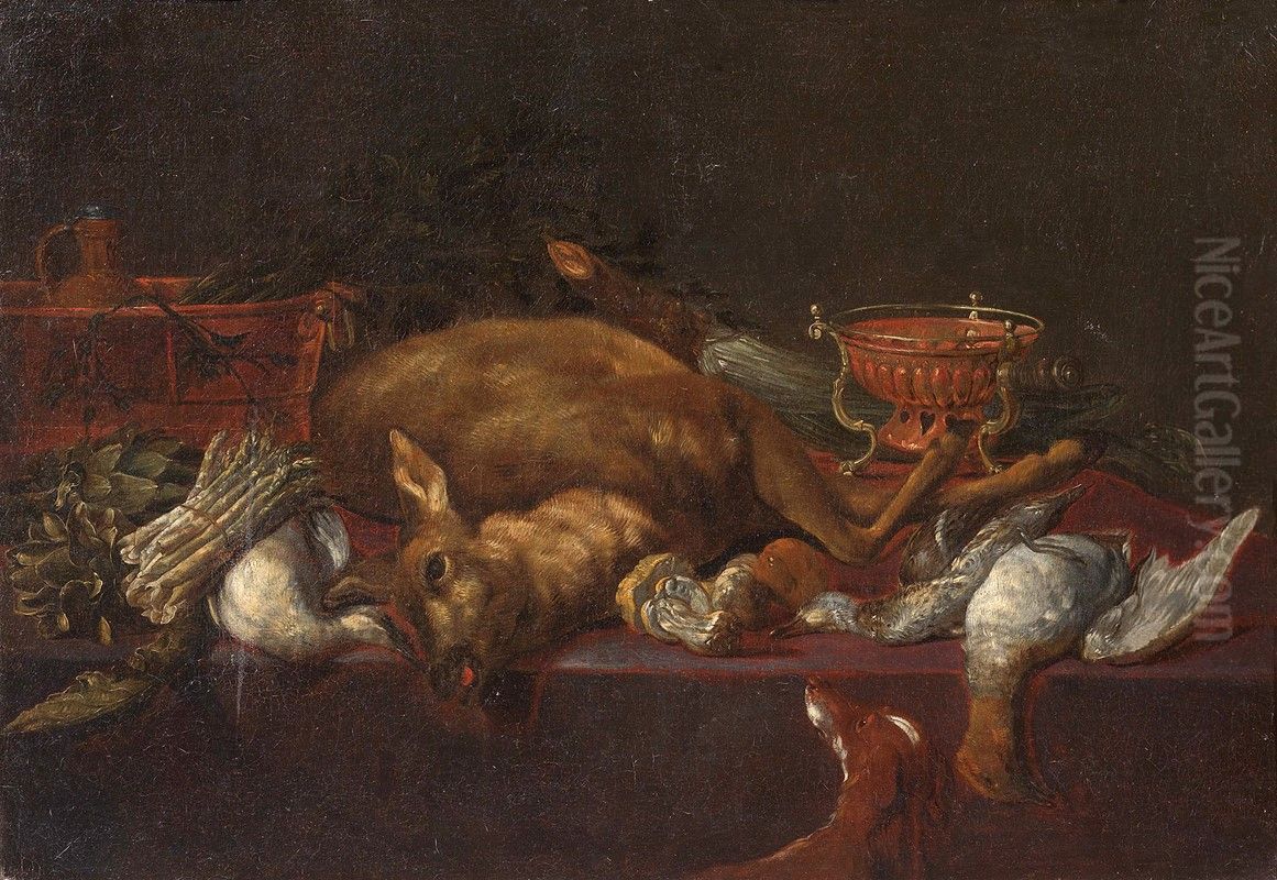 Kitchen still life with a deer, poultry and a dog Oil Painting by Jan Van Buken