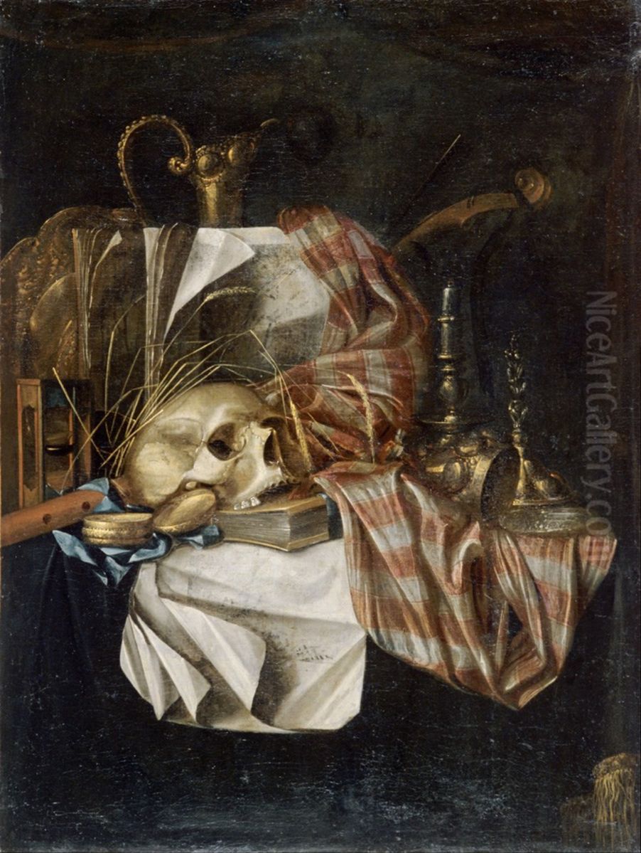 Vanitas still life with a skull, precious vessels and musical instruments on a draped table Oil Painting by Franciscus Gijsbrechts