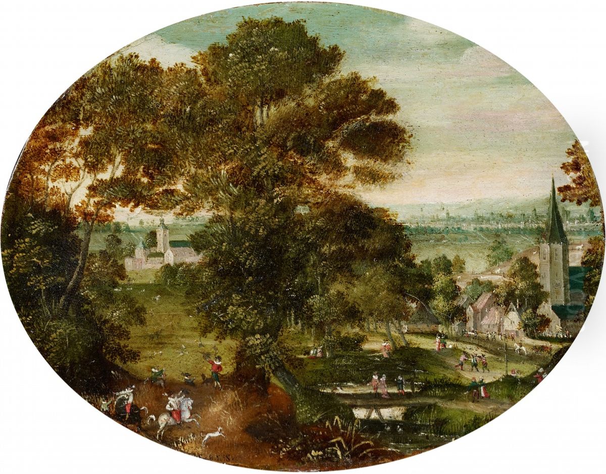 Village landscape with hunters Oil Painting by Jacob Savery