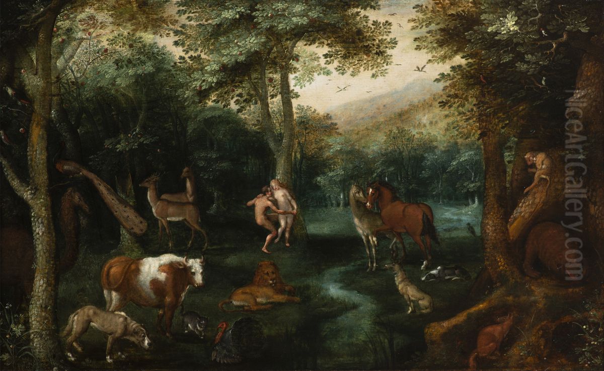 The Garden of Eden and the Fall of Adam and Eve Oil Painting by Jacob Savery
