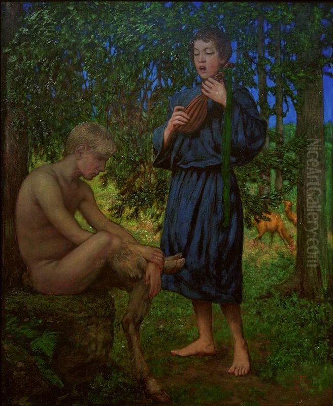 Faun and youth Oil Painting by Hans Thoma