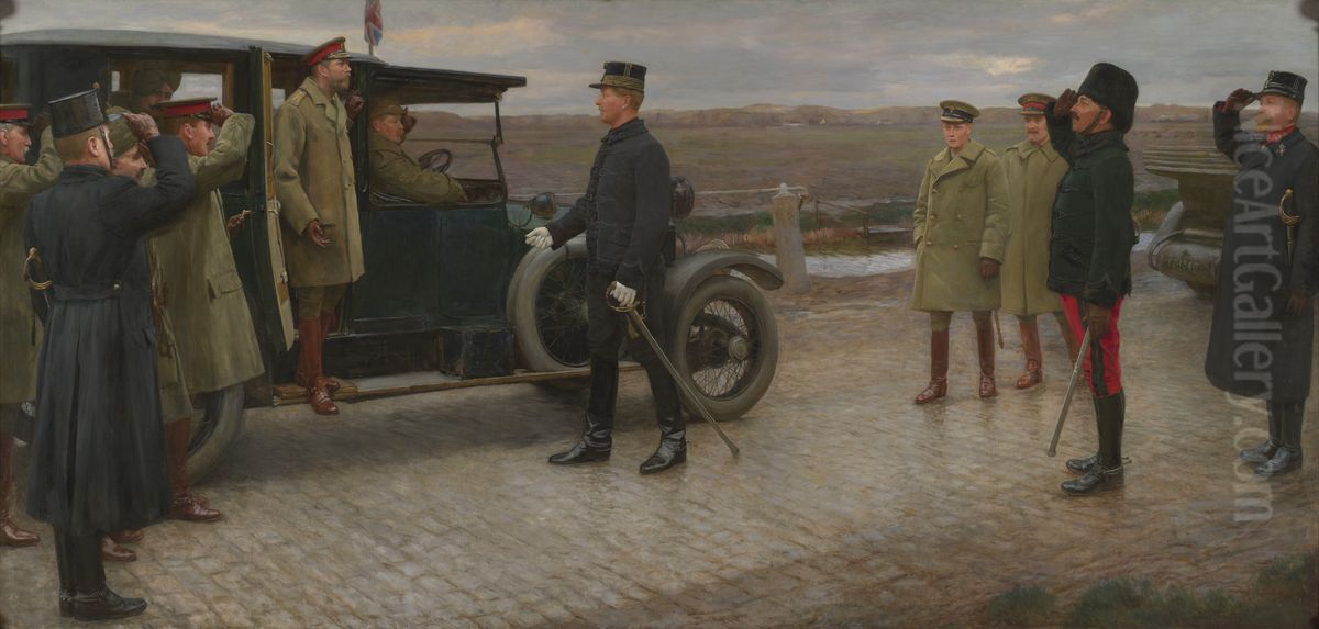 Where Belgium Greeted Britain, 4 December 1914, the Meeting of George V and Albert I, King of the Belgians, at Adinkerke, then the Last Remnant of Belgian Territory, on 4 December 1914 Oil Painting by Herbert Arnould Olivier