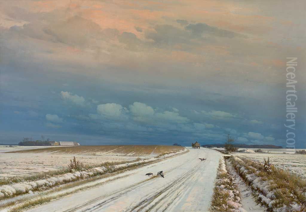 Winter landscape with birds at a road. Oil Painting by Anders Andersen-Lundby