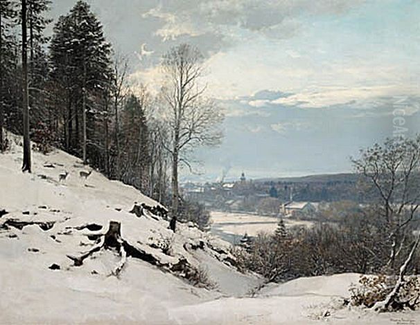 Vinterlandskab med Munchen i baggrunden. Oil Painting by Anders Andersen-Lundby