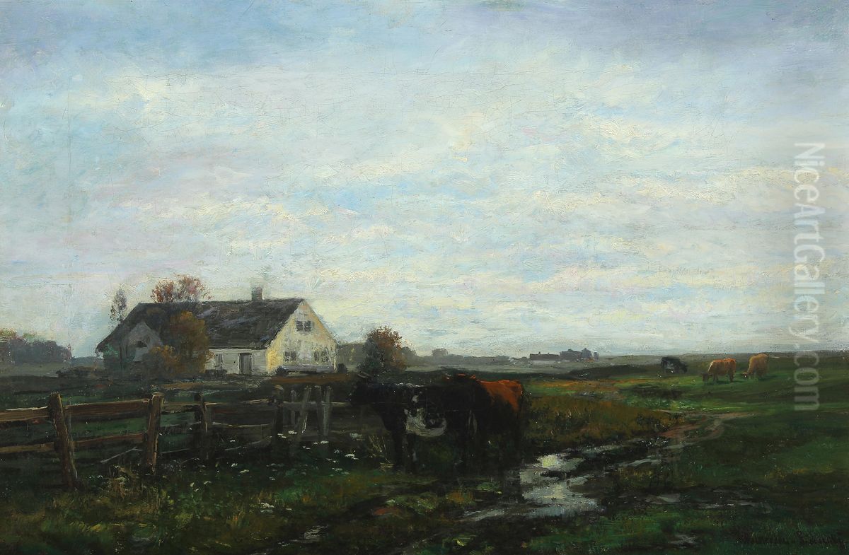 Cows grazing on a meadow with houses in the background. Oil Painting by Anders Andersen-Lundby